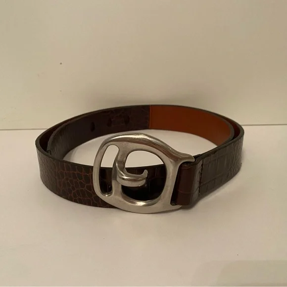 Brown Croc-Embossed Leather Belt with Silver Buckle - Picture 2 of 9